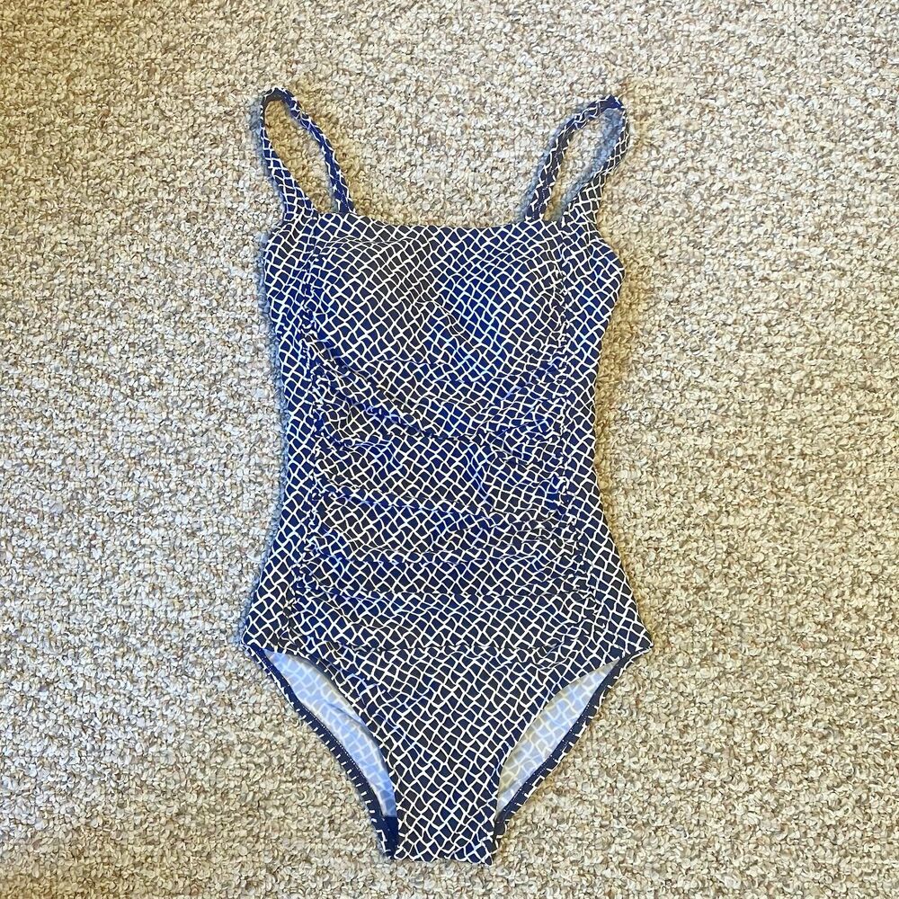 LL Bean Womens One Piece Swimsuit Size 6 R Small Blue White Coastal Nautical